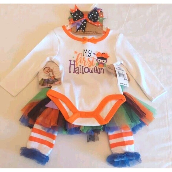 NWT Baby Essentials 4 Pc Fall Halloween Set: Skirt Tutu Bow Top Leg warmers 3 Mo - Picture 1 of 7